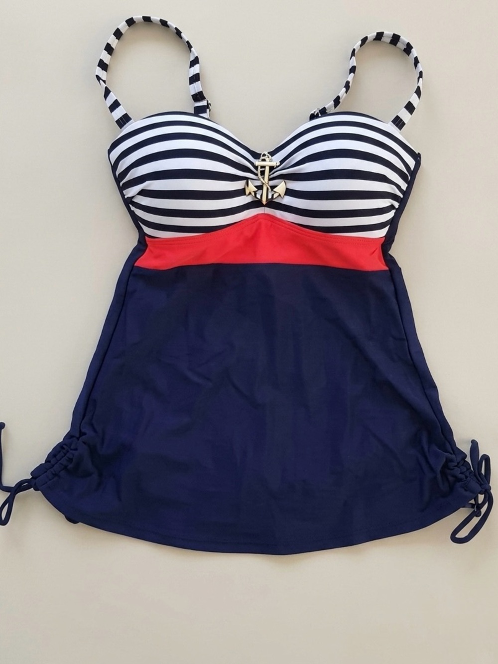 COOCLO Nautical Striped Tankini Swim Top With Silver Anchor Detail Size L/XL